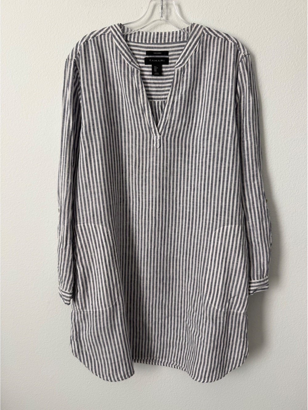 TAHARI Blue/White Striped 100% Linen Long Sleeve V-Neck Tunic Blouse Size L